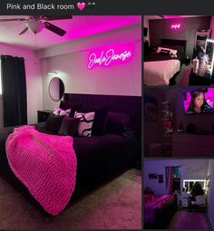 pink and black room with neon lights in the bedroom