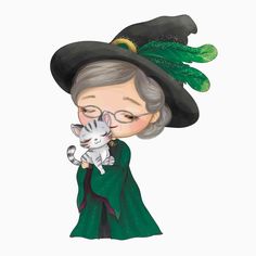 an old woman in a witches hat holding a cat