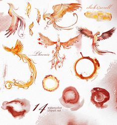 watercolor clipart set with birds and swirls in red, yellow and orange