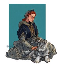 a painting of a woman sitting next to a white wolf