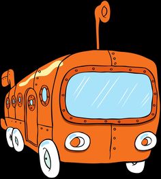 an orange bus with wheels and windows on the front is shown in this cartoon style