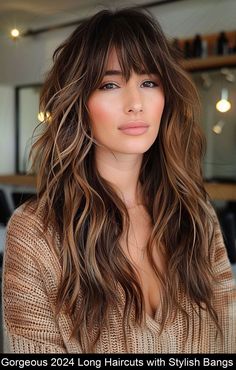 Wavy Hair Women Haircut, Long Hair With Bangs Highlights, Fringe Inspo Long Hair, Long Hair With Crown Layers, Long Hair With Long Layers And Face Frame, Long Hair With Bangs Balayage, Brunette Hair With Bangs Long, Sag Haircut, Boho Fringe Hair