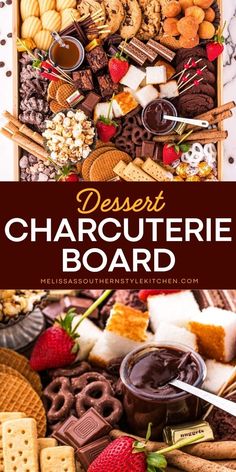 Indulge in this simple sweet treat! This dessert charcuterie board idea is the BEST. Everyone will have fun with this chocolate dessert board with hot fudge sauce, salted caramel sauce, fruit, and more! This dessert to make at home is also a simple appetizer recipe! Churros Charcuterie Board, Trays For Charcuterie Board, Charcuterie Boards Dessert, Dessert And Cheese Charcuterie Board, Chocolate Dessert Board Platter, Individual Dessert Charcuterie Box Ideas, Chocolate Hummus Charcuterie Board, Bridal Shower Dessert Charcuterie Board, Fun Snack Boards