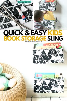 This is a great solution to keep your child's books tidy, and it's quick and easy to do! Get the simple step by step tutorial to make your own DIY book sling at grillo-designs.com #diybookstorage #diybooksling Book Sling, Kids Book Storage, Storage Hacks Diy, Old Pillows, Book Storage, Storage Hacks, Diy Book, Wall Storage, Kids' Book