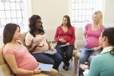 a group of pregnant women sitting in chairs talking to each other with the words learn to support moms during birth and beyond