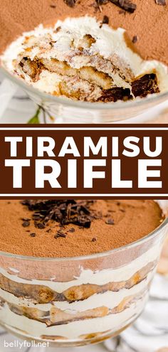 a close up of a dessert in a bowl with the words tramisu trifle on it