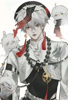 an anime character with white hair wearing black and red clothing, holding two cats in her hands