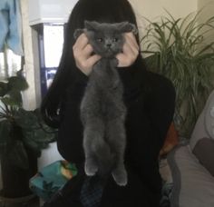 a woman holding a cat up to her face in front of her face with both hands