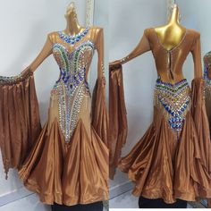 two pictures of a woman's dance dress with gold and blue beads on it