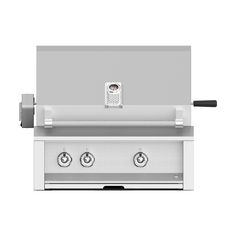 a grill with three burners and two lights on the top, in front of a white background