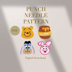 a bunch of different cartoon faces on a white background with the words punch needle pattern