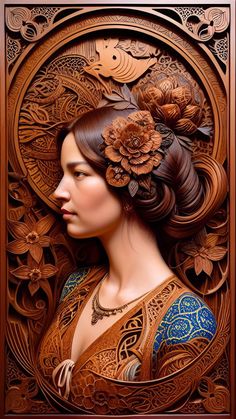 a painting of a woman with a flower in her hair and an intricately carved frame