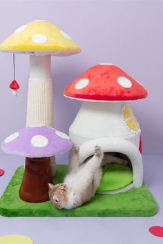 a cat laying on top of a green mat next to mushrooms and mushroom house decorations