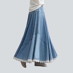 Introducing the 2023 Spring-Summer Collection's lace hem embroidered denim skirt ââ‚?the perfect embodiment of street vibe and fierce femininity!Why You'll Love ItThis skirt is sure to take your look to the next level! Its fit type and flare silhouette and high-waisted waist band offer a flattering fit and the lace hem adds a unique touch of sophistication that will make you stand out from the crowd. The intricate embroidery is a great way to show off your trend while the rubber closure ensures Lace Patchwork Skirt For Spring, Fitted Lace Patchwork Bottoms For Spring, Spring Flowy Skirt With Lace Patchwork, Spring Flowy Lace Patchwork Skirt, Stretch Cotton Denim Skirt With Lined Detail, Stretch Cotton Denim Skirt With Lining, Spring Lace Patchwork Skirt, Fitted Bottoms With Lace Patchwork For Summer, Bohemian Bottoms With Frayed Hem For Spring