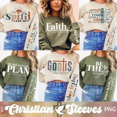 four different photos of women wearing sweatshirts with the words faith and god's on them