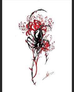 a red and black drawing of flowers on a white background