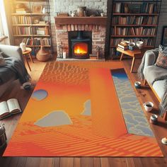 a living room with a fire place, couches and rugs on the floor