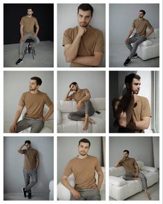 a man sitting on top of a white couch next to a chair and wearing a brown shirt