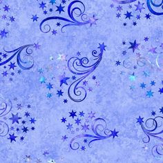 a blue background with stars and swirls on the bottom, in shades of purple