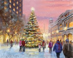 a painting of people walking in front of a christmas tree