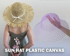 two women wearing hats and holding flowers in front of a white background with the words sun hat plastic canvass