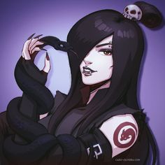 a woman with black hair and a skull on her head is holding a bird in her hand