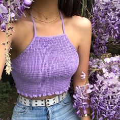 Crop Top Aesthetic, Purple Crop Top, Diy Vetement, Halter Tops, Ladies Dress Design, College Outfits, Aesthetic Clothes