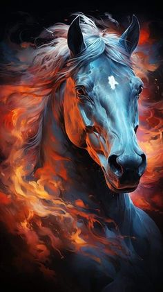 a painting of a horse on fire with the head turned to look like it is in flames