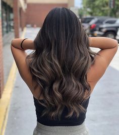 Dark Foils Hair Brown, Black Hair With Ashy Balayage, Dark Hair With Ashy Lowlights, Dark Brown Hair With Highlights Brown, Chocolate Ash Brown Hair Balayage, Ashy And Mocha Highlights On Dark Hair, Black Brown Balayage Curly Hair, Ashy Bayalage Brunette, Shadow Balayage Dark Brown