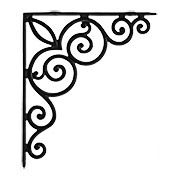 a black iron shelf bracket with scroll designs on the top and bottom, against a white background