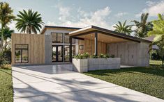 a rendering of a modern house with palm trees in the back ground and grass on the front lawn