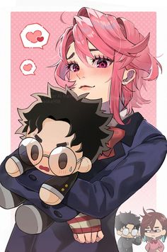 two anime characters hugging each other with pink hair