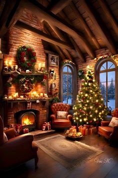 a living room filled with furniture and a christmas tree in front of a fire place