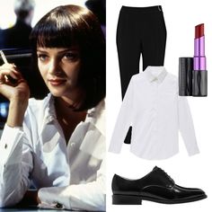 a woman in white shirt and black pants with lipstick on her lips next to shoes