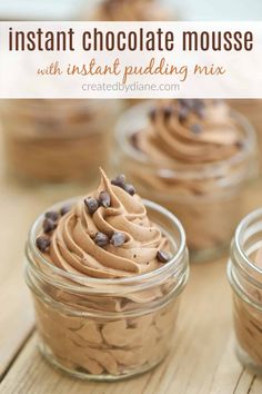 chocolate mousse with instant puddinging mix in small glass jars on a wooden table