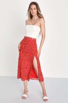 Cute Red Skirt - Ditsy Floral Skirt - A-Line Midi Skirt - Lulus Floral Mini Skirt Outfit, Lulu Skirt, White Tube Top, Midi Skirt Outfit, Floral Pencil Skirt, Lulu Fashion, Red Floral Print, Miniskirt Outfits, Ditsy Floral Print