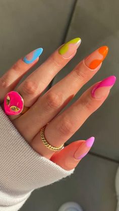 Colorful Gel X Nails, Nails For Pride Month, Summer Almond Nails 2024, Nails And Rings, Nails Yellow, Colorful Nails, Rainbow Nails, Yellow Nails