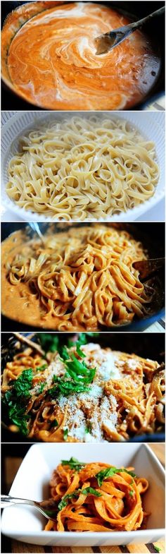 four different types of pasta on plates