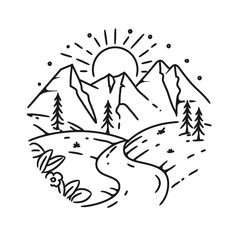 a black and white drawing of mountains with trees in the foreground, and a sun above