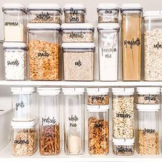 an organized pantry filled with lots of different types of cereals and other food items