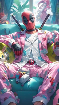 a man in pink pajamas sitting on top of a blue couch next to stuffed animals