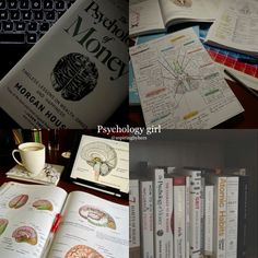 several different views of books on a desk