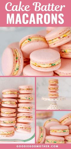 pink macarons with green sprinkles on them and the words cake batter macaroons