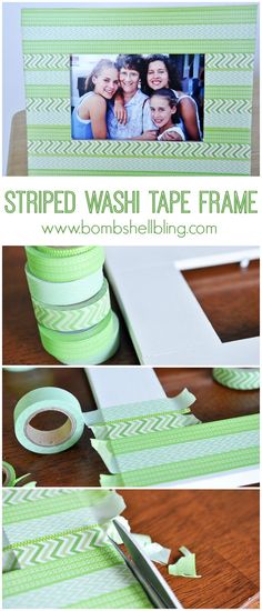 some tape is being used to make a photo frame with the words, striped washi tape frame