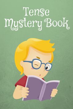 a young boy reading a book with the title tense mystery book