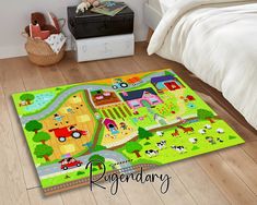 a child's play mat with farm animals and cars on it in a bedroom