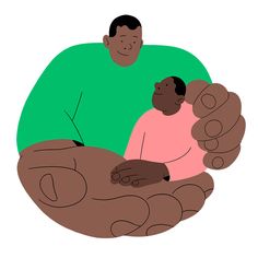 an illustration of a man holding a child in his lap and pointing at something on the ground