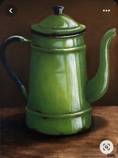 a painting of a green teapot on a table