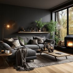 a living room filled with furniture and a fire place in front of a large window