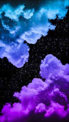 the sky is filled with clouds and stars in purple and blue colors, as well as black